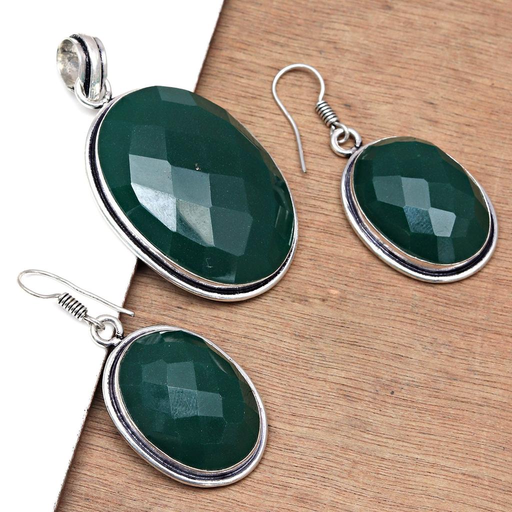 Onyx Grün Anhänger Set Ohrringe Schmuck Edelstein Handgefertigt Ethnisch