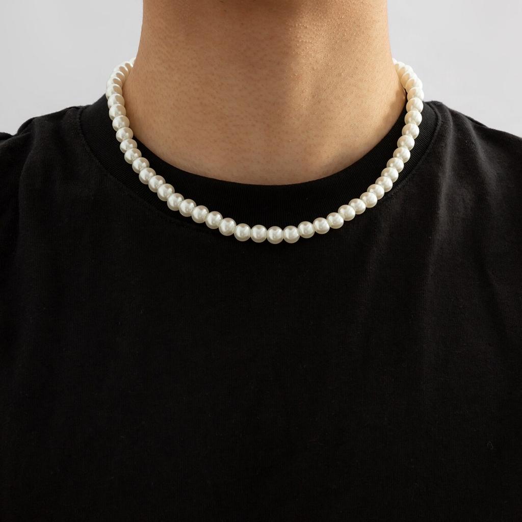 Simple Imitation-Pearl Beaded Short Choker Necklace for Men Trendy White Beaded Chains On Neck Accessories Fashion Jewelry