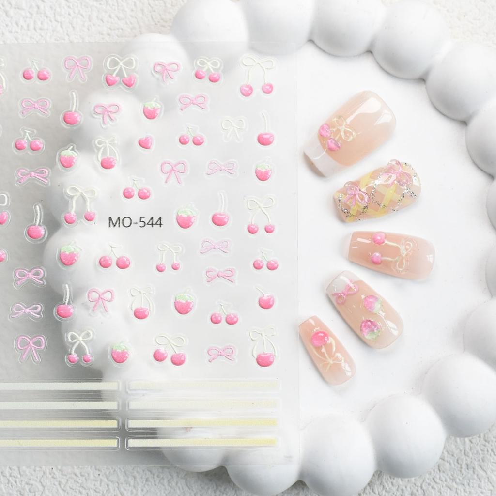 1Pcs 3D Mint Cherry Bowknot Fresh Jelly Nail Charm Stickers Embossed Slider Decals Summer Self-Adhesive Manicure Decoration