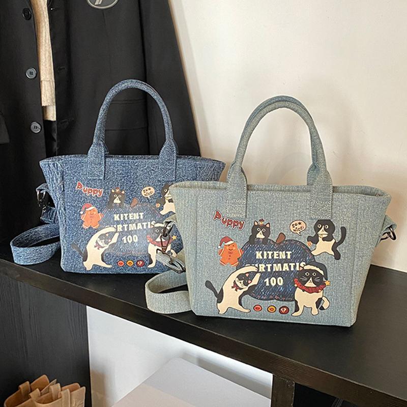 2025 New Trendy Cartoon Cat Print Denim Bucket Bag Versatile Casual Commuter Large Capacity Crossbody Shoulder Bag for Women