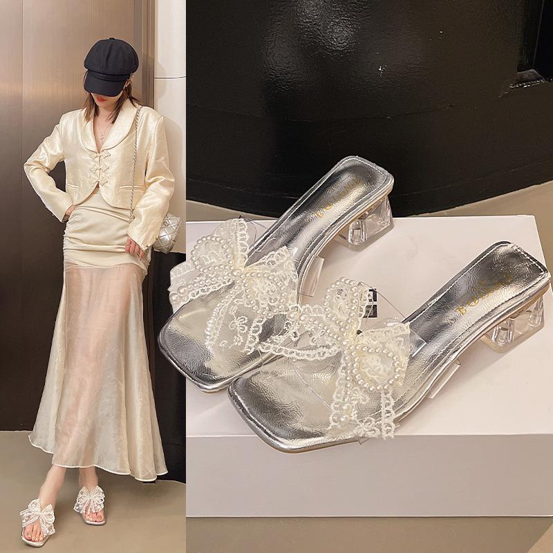 Lace Female Transparent 2025 Fairy Beaded Bow New Sandals Wind Square Head Cool Slippers Thick Heel High Heel Summer