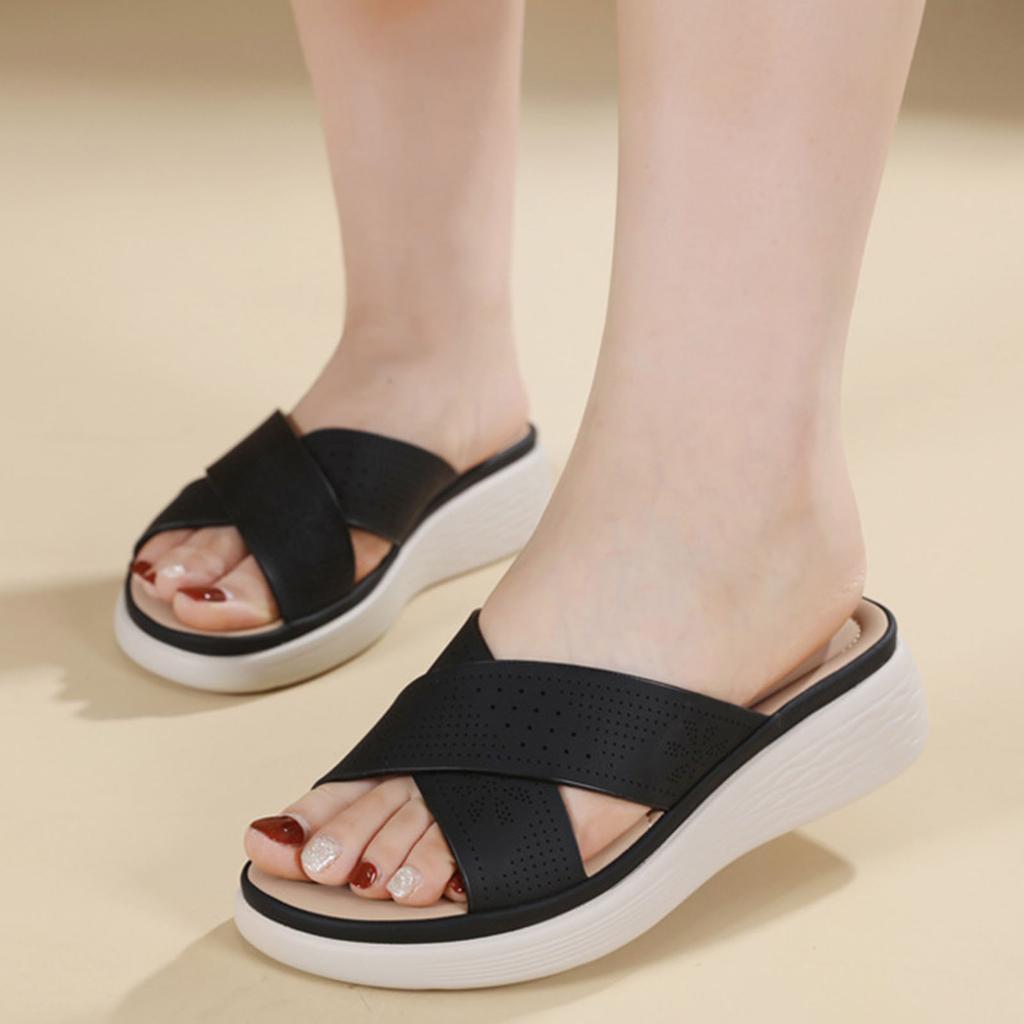 Damen Pantoletten zum Hineinschlüpfen Offene Zehenpartie Elegante Sommersandalen Flach mit Fußgewölbeunterstützung Verstellbare Riemen Bequeme Schuhe für Strand und Spaziergänge