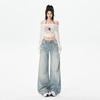 Spring Summer Distressed Light Slub Mid Low Waist Straight Floor Wide Leg Denim Pants For Women Casual Pants Oversize Denim Trousers