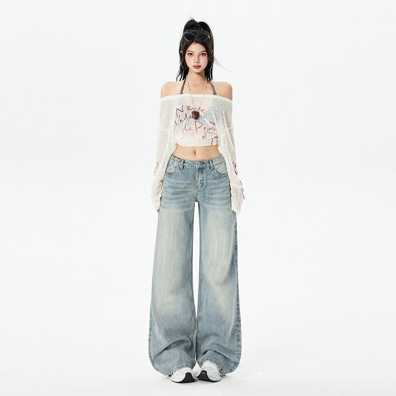 Spring Summer Distressed Light Slub Mid Low Waist Straight Floor Wide Leg Denim Pants For Women Casual Pants Oversize Denim Trousers