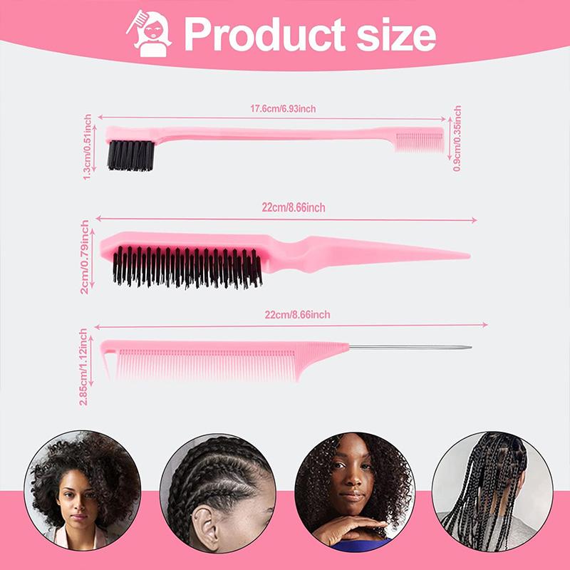 3 Pcs Slick Back Hair Brush Set with Edge Brush Bristle Brush Rat Tail Comb Teasing Brush Set for Smoothing Baby Hair Flyaways