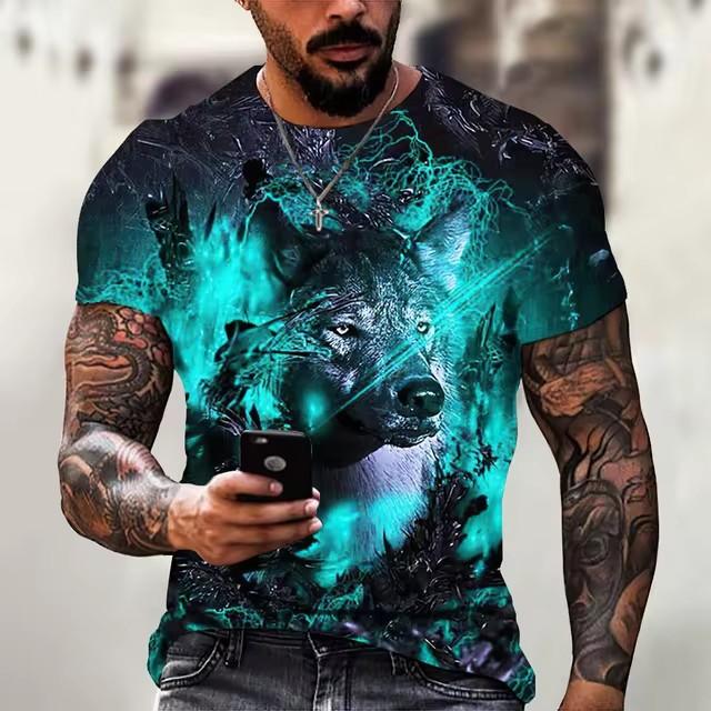 Summer Round Neck 3D Wolf Print Top Fashionable Casual Short Sleeved Men's T-shirts
