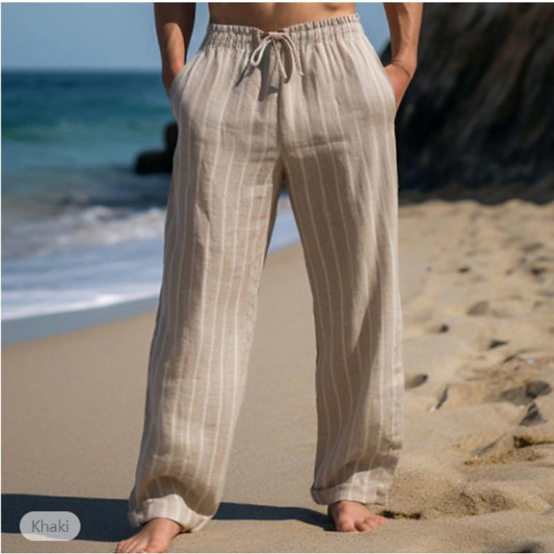 Autumn Men's Linen Trousers Summer Trousers Drawstring Elastic Waist Straight Stripes Comfortable Breathable Outdoor Daily