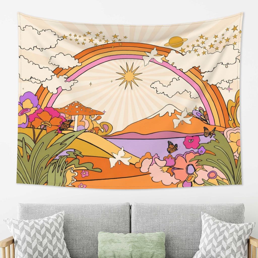 Whimsical Boho Rainbow Tapestry Wall Hanging Floral Art Retro Psychedelic Dreamy Cottagecore Home Decor
