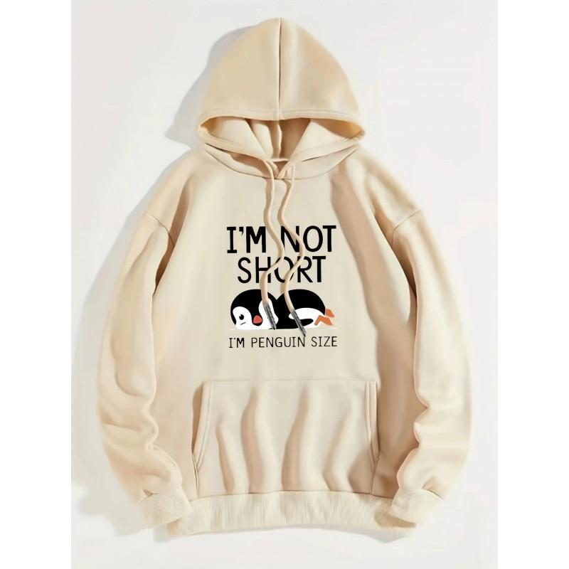 Cute Penguin Print Hoodie Loose Fit Long Sleeve Pullover Sweatshirt Men Casual Wear