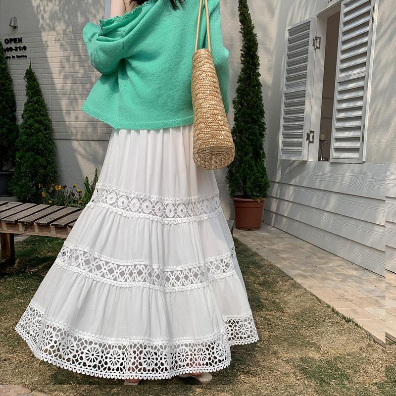 Dimanaf 2025 Summer Women Skirts Vintage Elastic Pleated Elegant White Long Skirts New  Lace High Waist