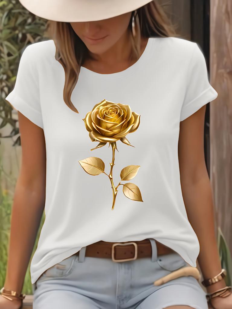 Golden Rose Print T-Shirt Short Sleeve Crew Neck Casual Top for Summer Clothing Fashion Harajuku Kawaii T-shirt Y2K Clothing