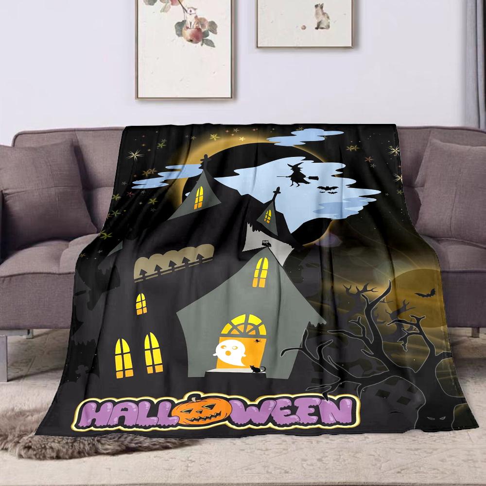 "Haunted House with Ghost and Witch" Patterned flannel blanket perfect for the bedroom living room, sofa, or a little nap