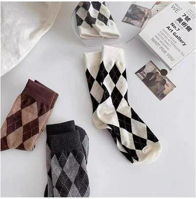 Women's Mid-Calf Argyle Socks, Spring/Autumn, Retro Japanese Style In Coffee Color