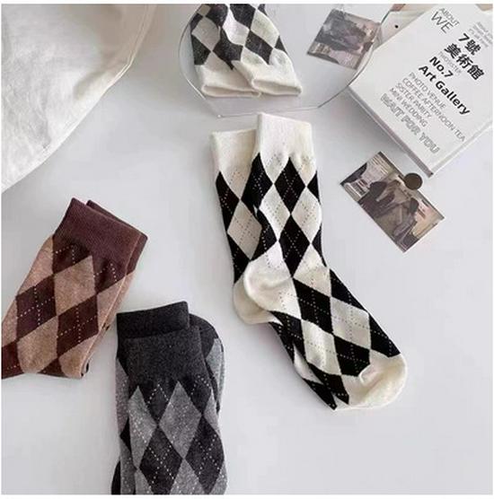 Calzini da donna a mezza gamba con motivo argyle, Primavera/Autunno, Stile Giapponese Retrò Color Caffè