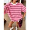 Womens Casual Short Sleeve Round Neck T-Shirt With 3D Stripe Print Soft Cotton Blend Urban Style Wear