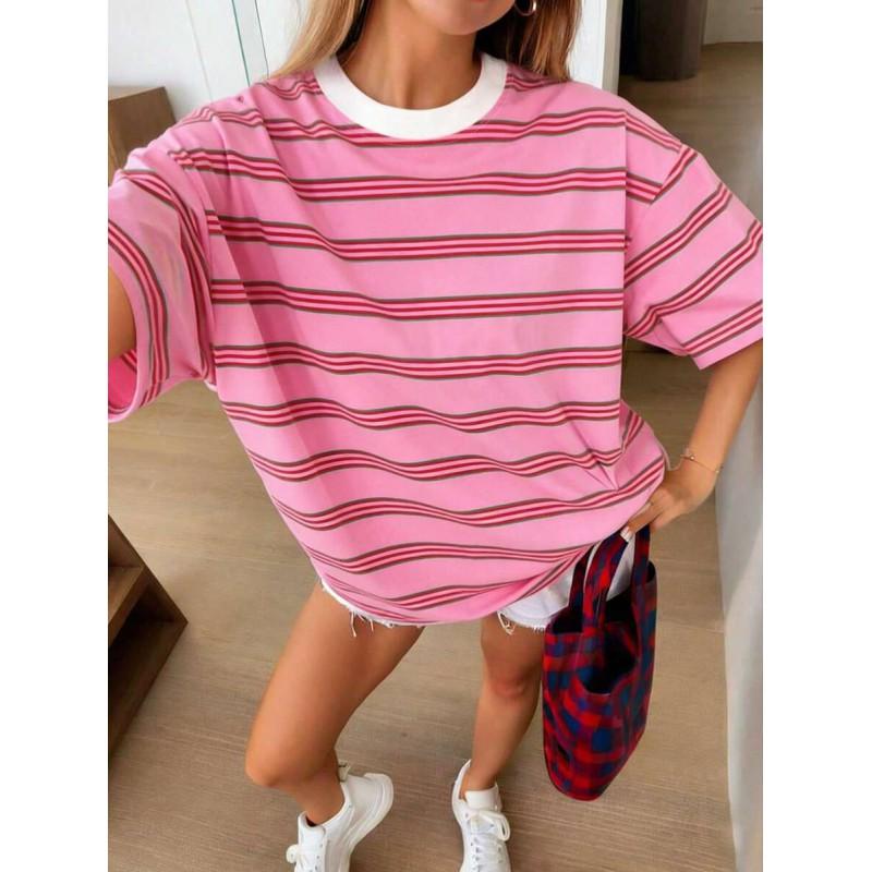 Womens Casual Short Sleeve Round Neck T-Shirt With 3D Stripe Print Soft Cotton Blend Urban Style Wear