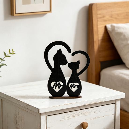 Rustic Mr. & Mrs. Sign Wooden Couple Cat Wedding Sign Romantic Black Cats Snuggling Silhouette Heart Decoration for Wedding Valentine's Day