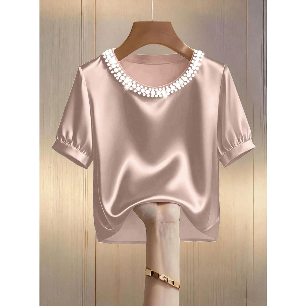 Damen Rundhals Perlenbestickt Puff Kurzarm Einfarbig Satin Lockerer Schnitt Elegant Büro Freizeit Bluse Top