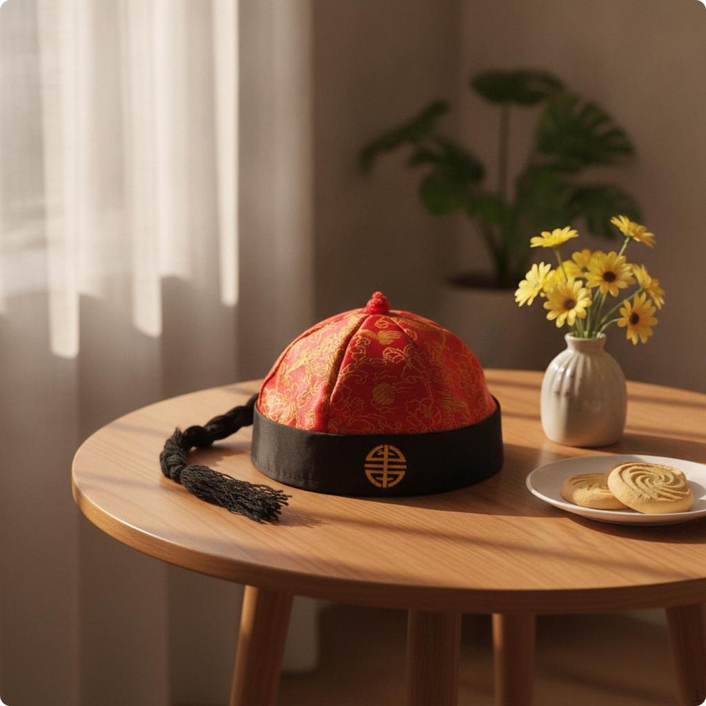 Chinese Costume Cap Traditional Ancient Satin Brocade Hat with Tassel for Entertainers,