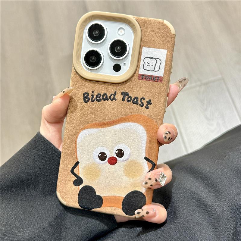 Cartoon Toastbrot Braunes Leder für IPhone16promax für Apple 14 Handyhülle 15 Silikon Sturzsicher 13