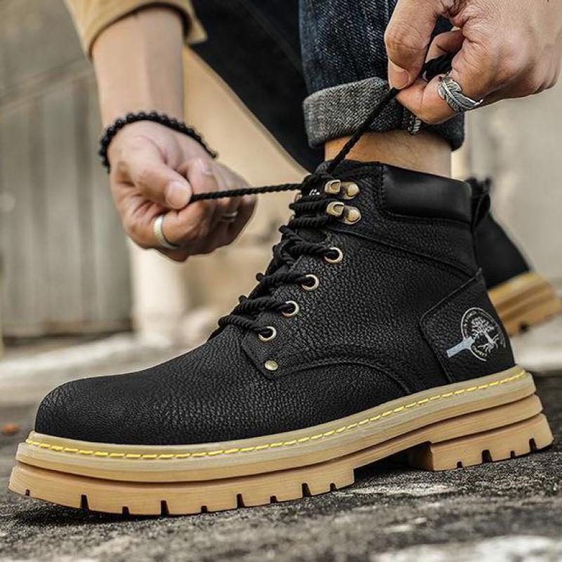 Men Leather Boots Platform Ankle Boots Winter Lace-up High Top Boot Brown Casual Shoes Non-slip Work Men Boots Thick Sole Shoes