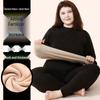 Women's Plus Size Fleece-Lined Lambswool Dralon Crew Neck Warm Underwear Set for Winter Cold Protection