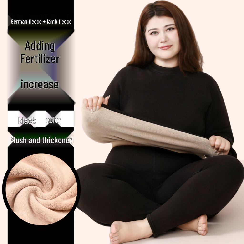 Women's Plus Size Fleece-Lined Lambswool Dralon Crew Neck Warm Underwear Set for Winter Cold Protection
