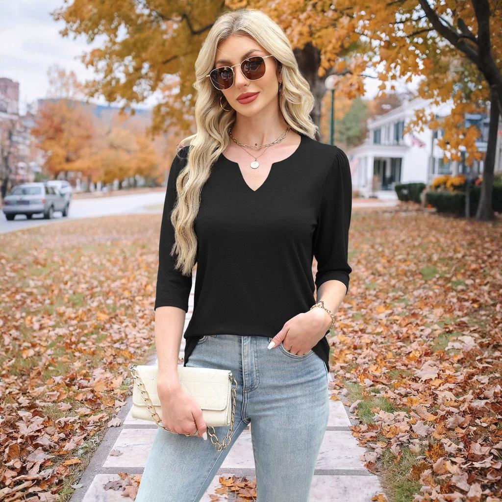 Women's Fashion 7-inch Sleeve Pullover Solid Color Top