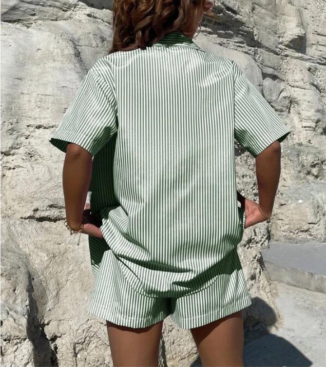 Summer 2025 Women's Lapel Casual Striped Two-Piece Set