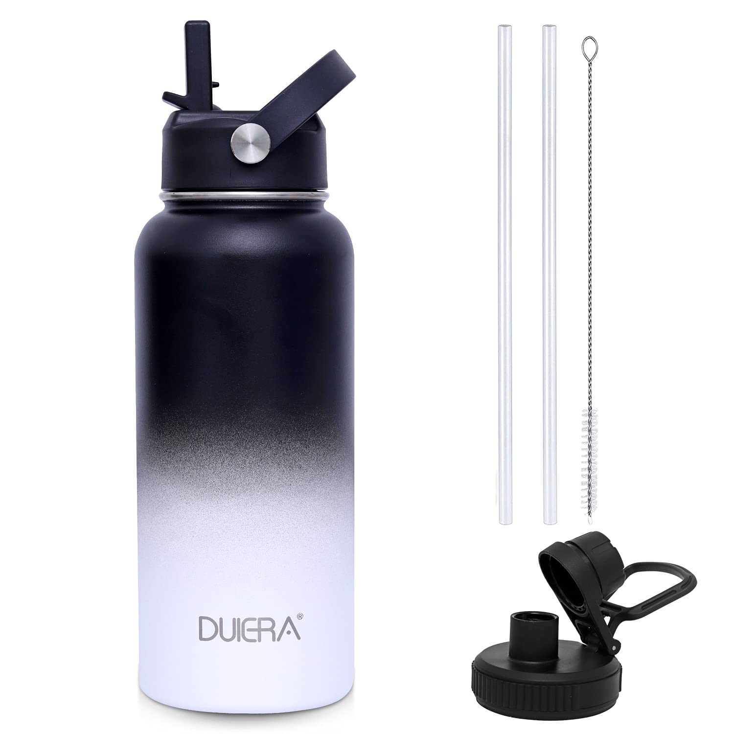 

DUIERA 1000ml Heat and Cold Insulated Stainless Steel Water Bottle with Vacuum Straw and Leak-Proof Spout Lid, Black and White Gradient