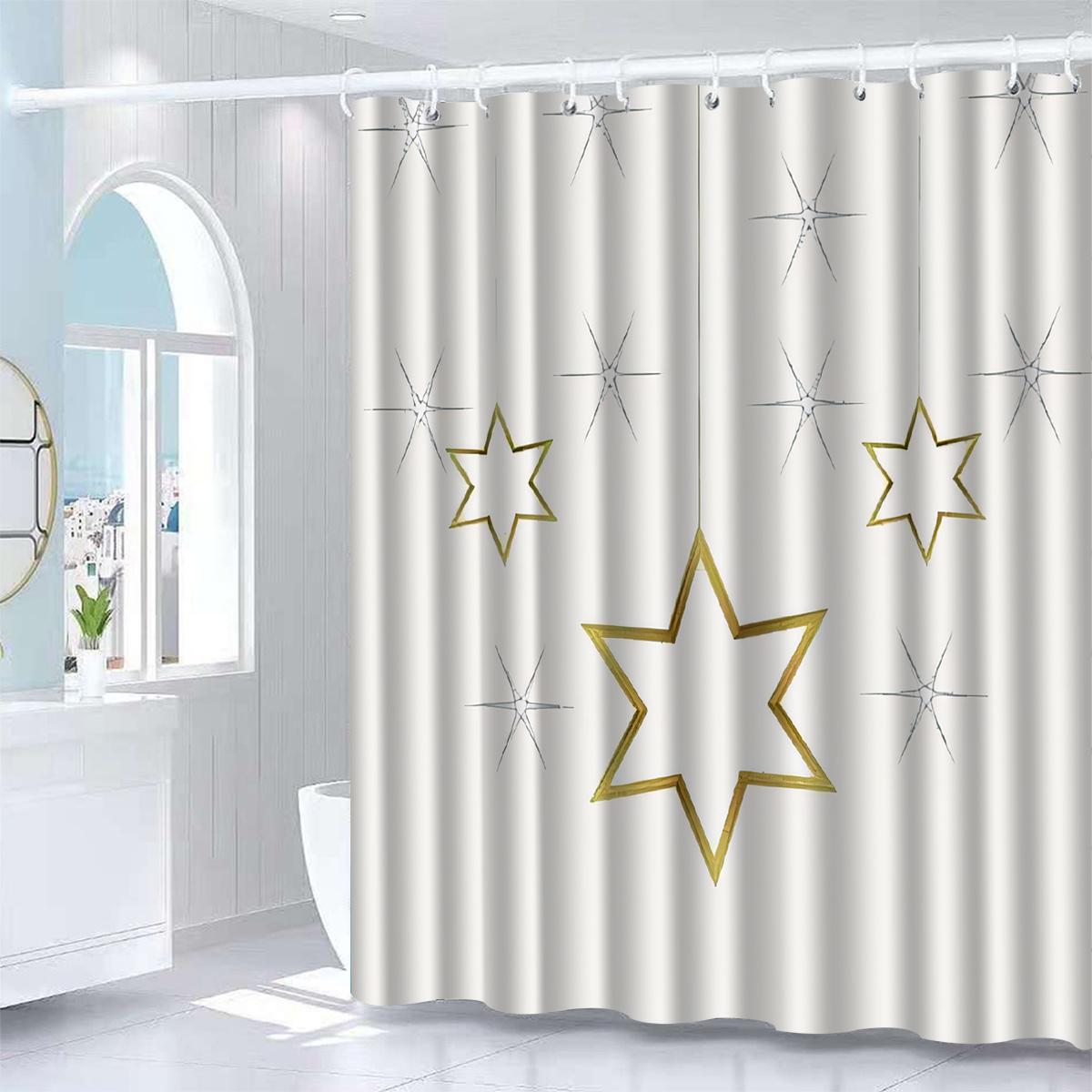 

Star Shower Curtain - Anti-Fog With Golden Stars On White, Premium Polyester, Includes Hooks For Modern Bathroom Decor W60H190(CM)-1 Pcs