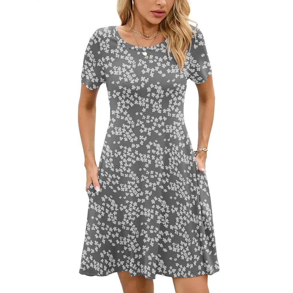 Women's Fashion Spring And Summer Round Neck Printed Short Sleeve Large Swing Dress