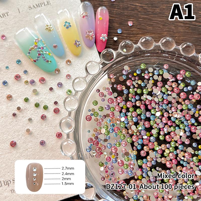 100Pcs Round Colorful Nail Rhinestones, Sparkling 3D Flatback  Nail Gems, Nail Salon Decorations Diy Nail Art Supplie