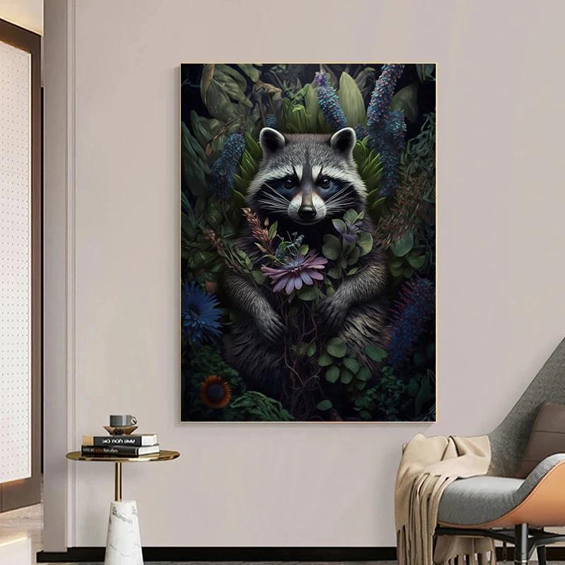 Lion Flamingo Panda Monkey In Flower Jungle Art Posters Wild Animal Art Canvas Painting Print Wall Art Picture Home Decor Mural