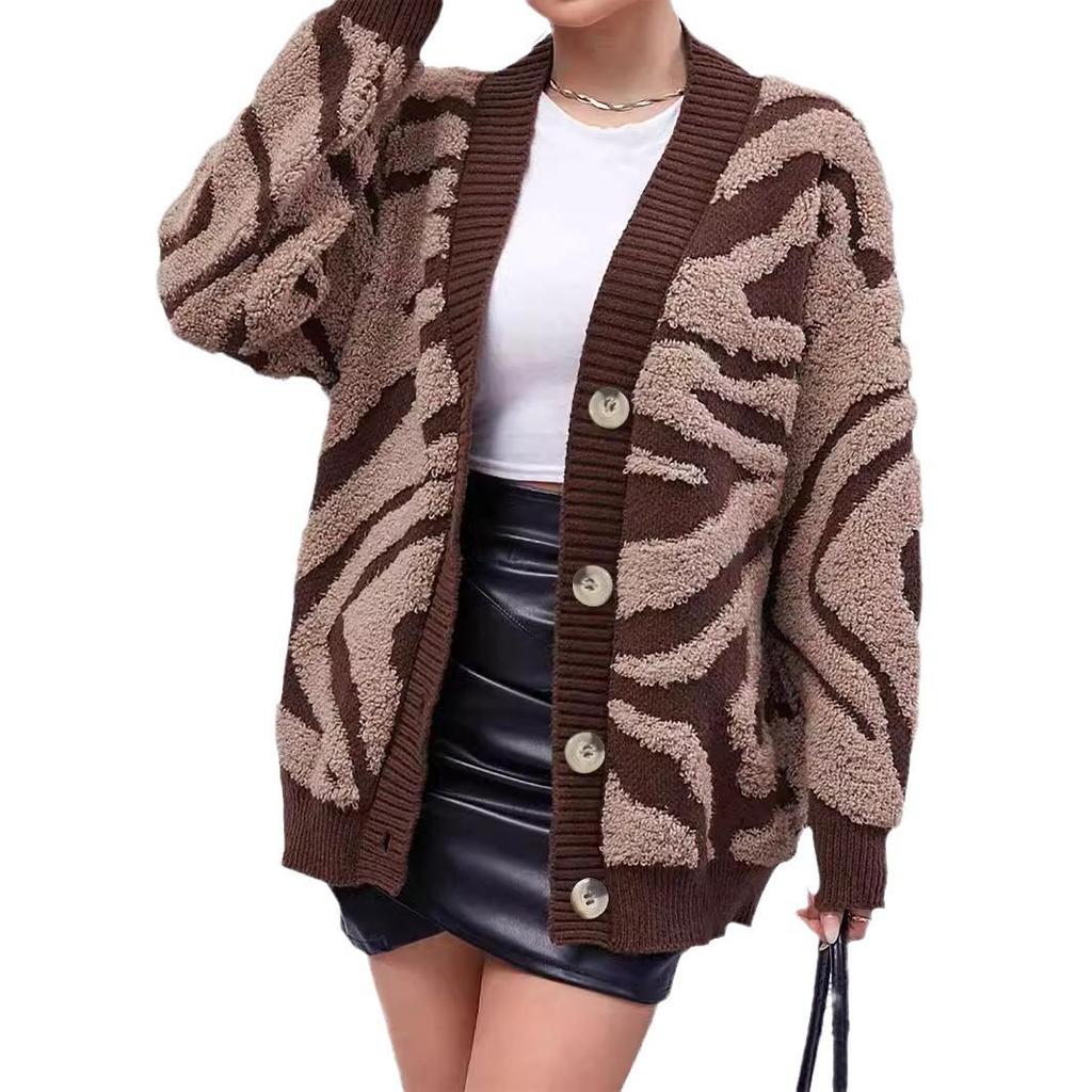 Women's Jacquard Long-Sleeve Cardigan Sweater – Mid-Length Autumn/Winter Coat
