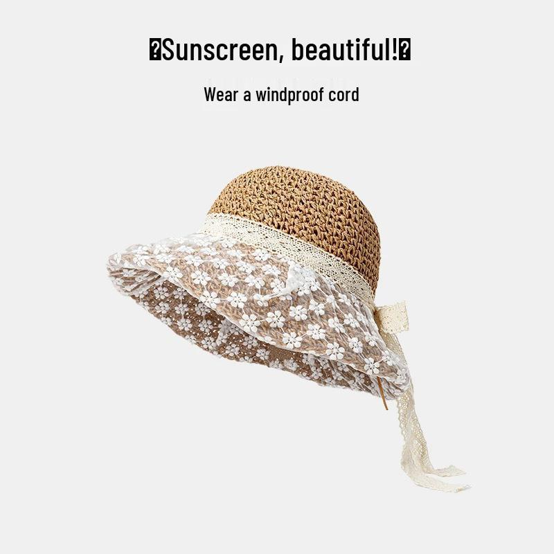 Wide-Brim Lace Flower Straw Hat - Women's Summer Sunshade with UV Protection & Strap