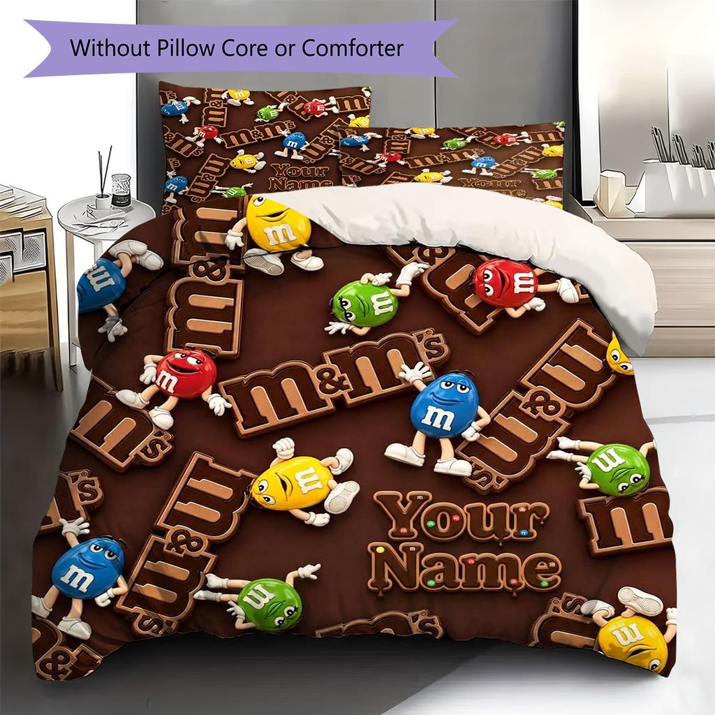 M&M's Bettwäsche mit individuellem Namensmuster, Steppbett-Set, Bettbezug, Kissenbezug, Heim-Geburtstagsgeschenk(1 Bettbezug + 2 Kissenbezüge, ohne Füllung)
