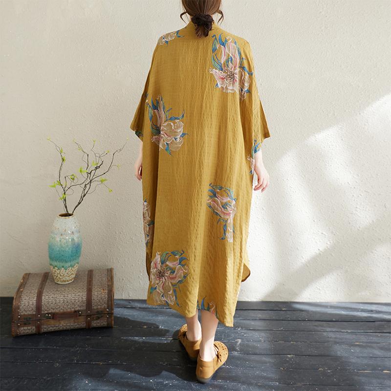 DIMANAF 2025 New Summer Women Linen Vintage Plus Size Long Dress Printing Casual Flower Loose Dress Maxi