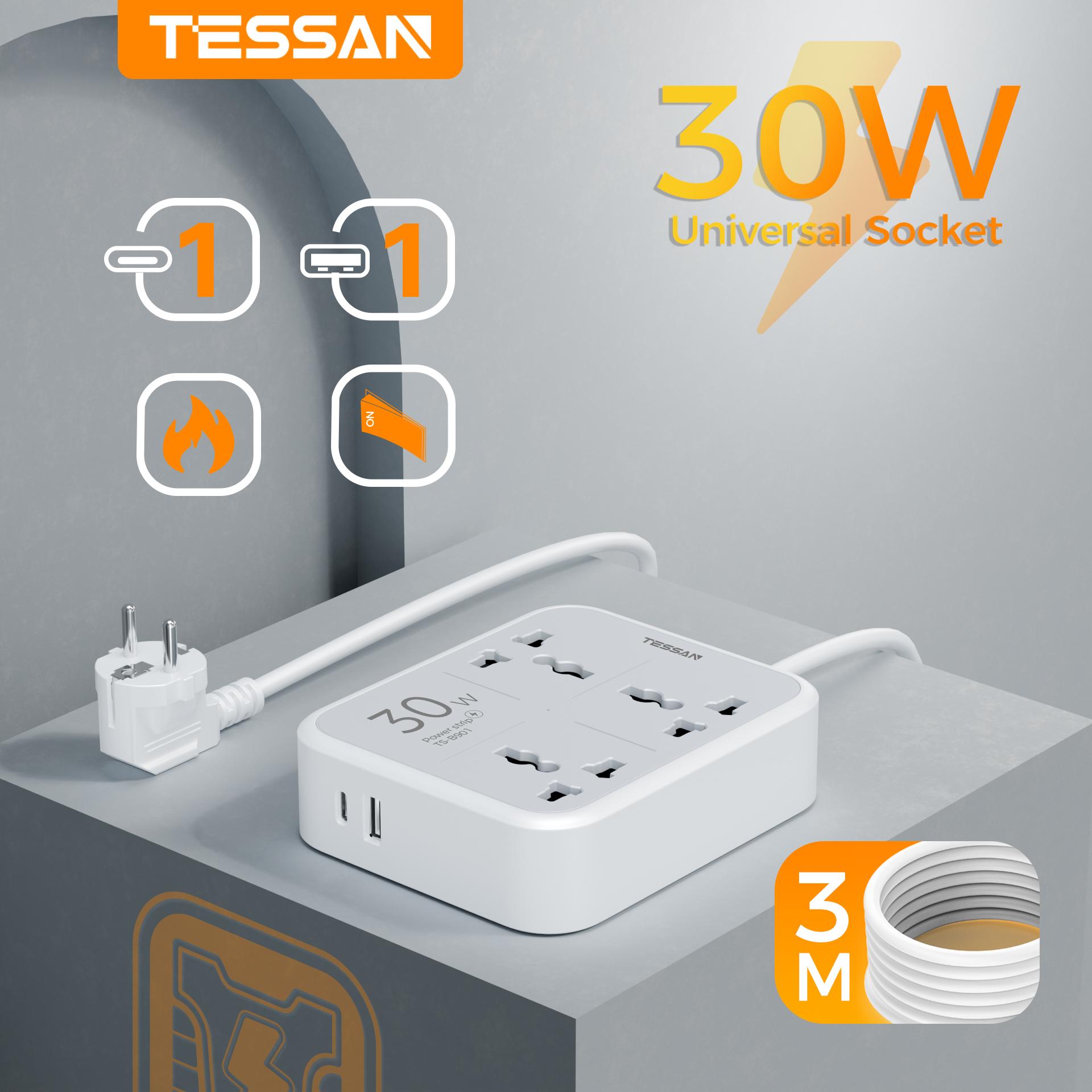 

Универсальный удлинитель Tessan 30 Ватт 3 Outlets 1 USB A 1 USB C серый