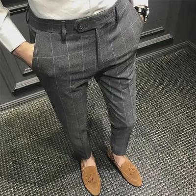Men's Slim Korean Style Plaid Nine-Point Trousers - Trendy British Style Casual Suit Pants