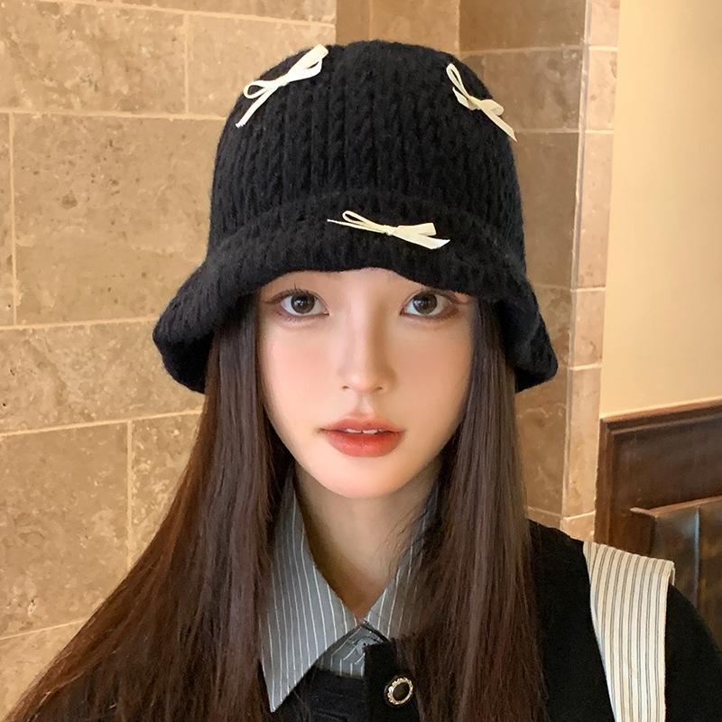 Sweet Bow Knitted Fisherman Hat Autumn and Winter Casual Versatile Woolen Hat Warm Hat Windproof Small Basin Hat Showing Face