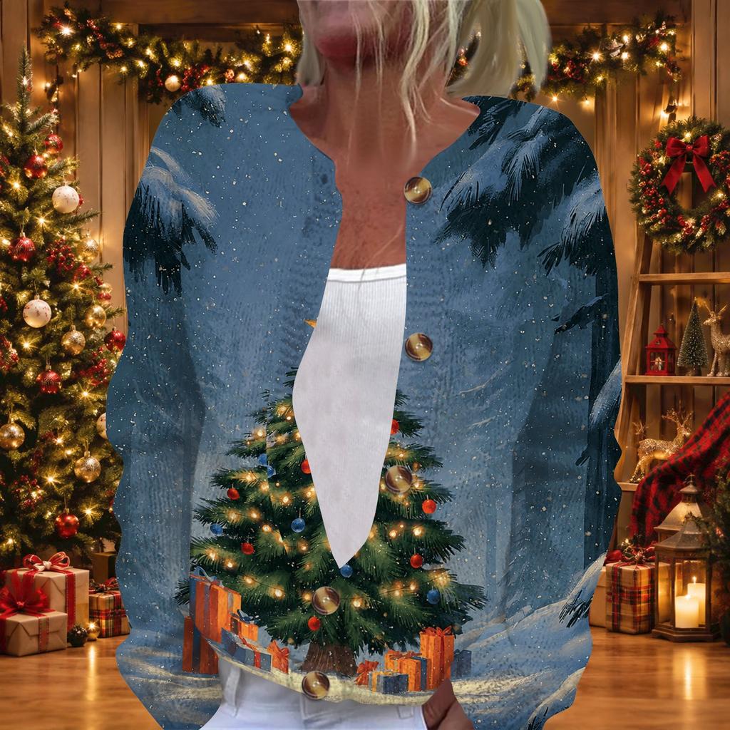 Women's Christmas Print Long Sleeve Knit Cardigan Button Down Sweater