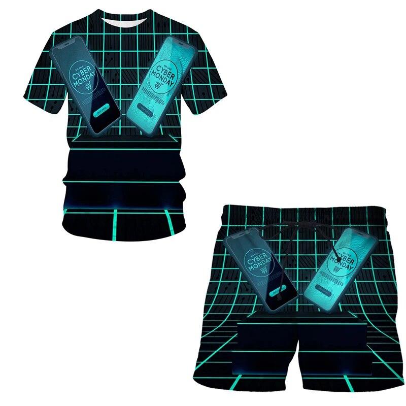 3D-Druck übergroßes modisches T-Shirt-Shorts-Set Harajuku Freizeit reifer Kurzarmanzug Mobile Technologie Zweiteiliges Set
