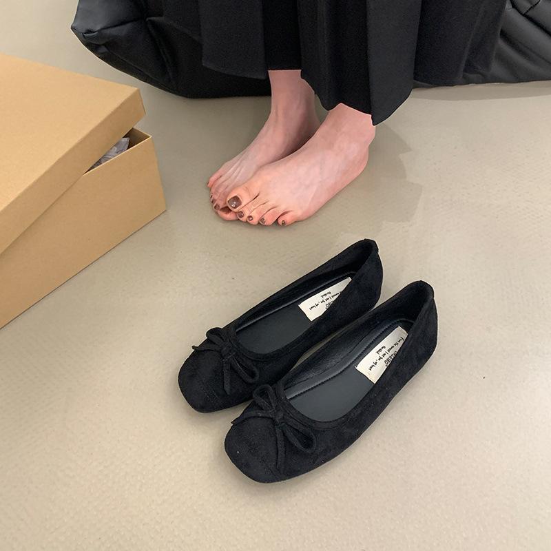 Ziyan suede mint green bow flat-soled single shoes, new round head soft sole shallow mouth grandma shoes in autumn 2025