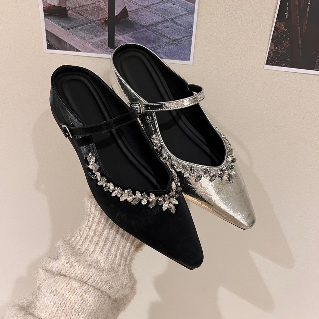 Inner height increase 3CM pointed silver rhinestone bag head half slippers women's shoes outer wear 2025 spring and summer French single shoes