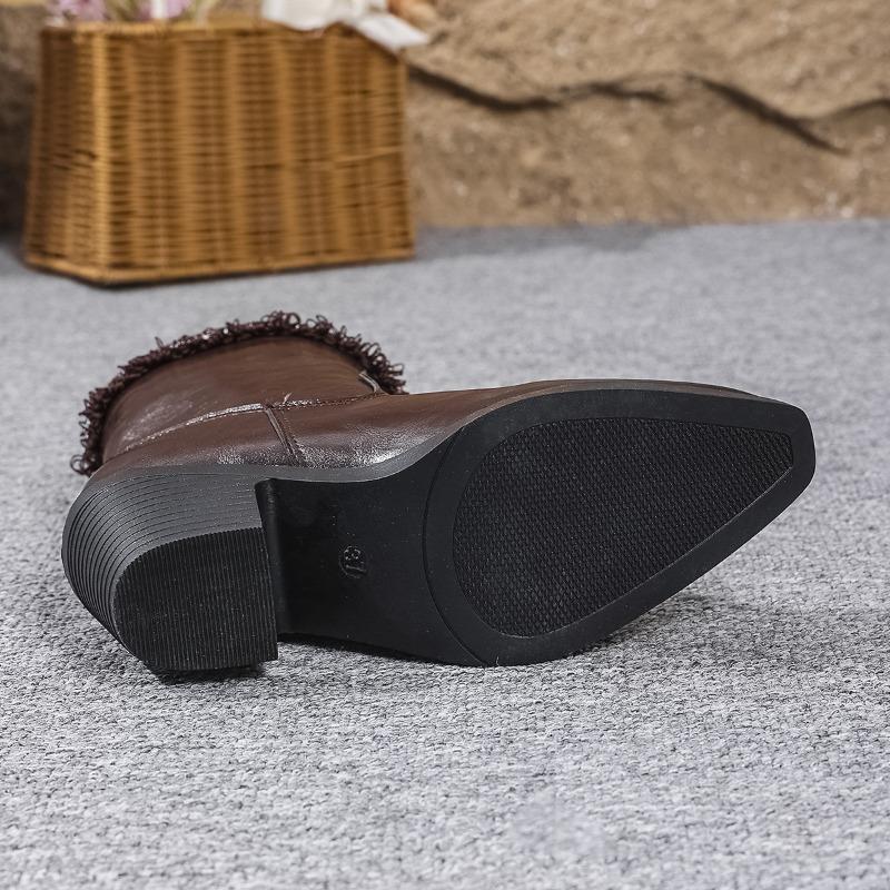 Cross-border Foreign Trade Large Size Boots Women's New Thick Heel Medium Heel Short Boots Pleated High Heel Round Head Western Cowboy Boots