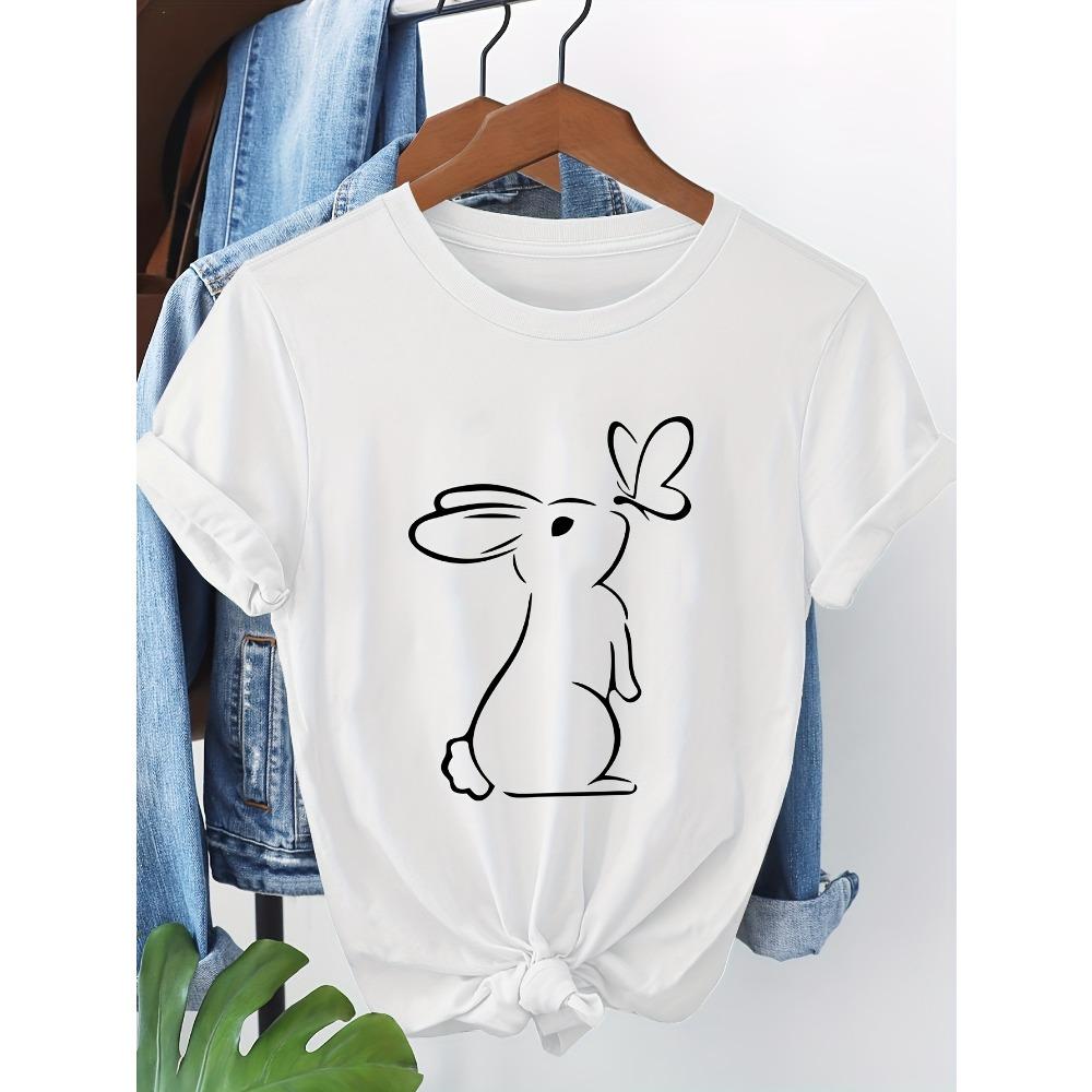 Graphic Tee Women's Casual Short Sleeve T-Shirt Cartoon Cute Rabbit Butterfly Graphic Print Round Neck Summer Woman Clothing