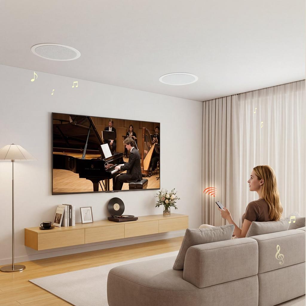 Bluetooth Ceiling Speakers, 203.2mm, In Ceiling & In-Wall Speaker System with Amplifier, 2-Way Flush Mount Speakers, for Damp Humid Placement, Home