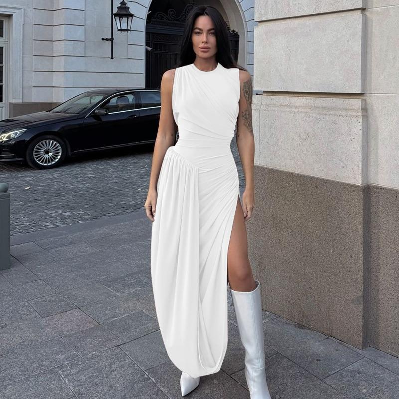 Women's summer new fashion personalized split pleated slim round neck sleeveless dress