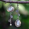 Bohemia Ethnic Charm Asymmetrical Moonstone Hook Earrings Vintage Antique Silver Color Dangle Wedding Earrings For Women